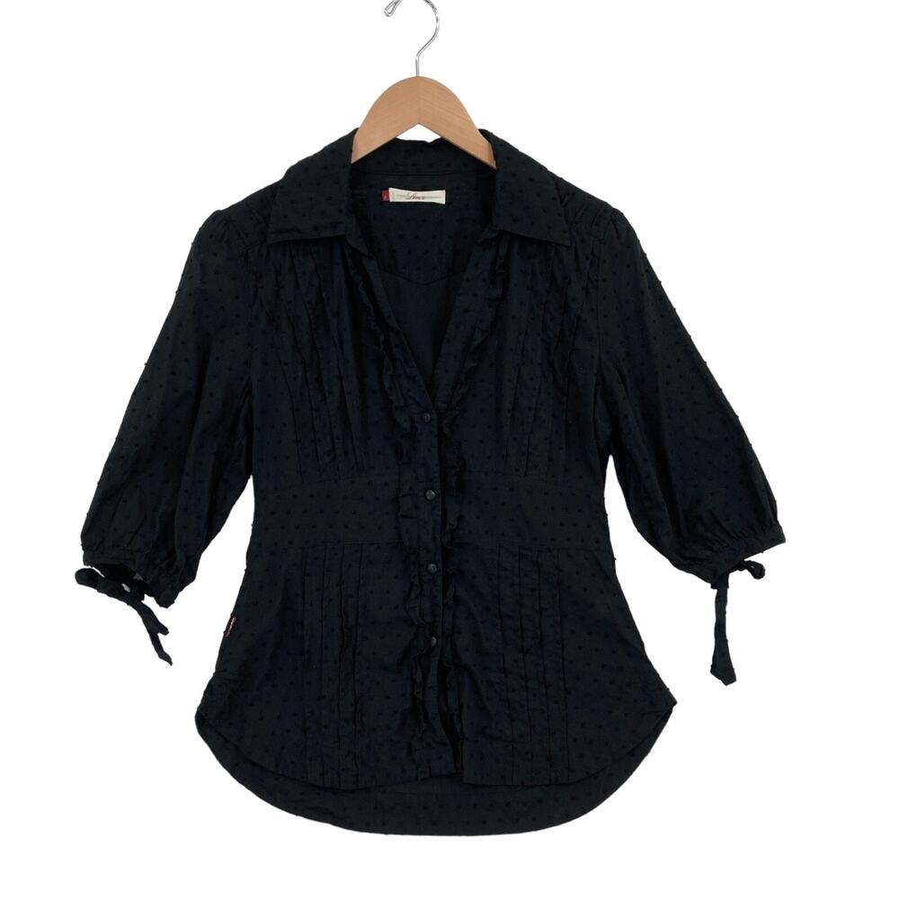 Levi's Shirt Women Medium Black Swiss Polka Dot Pleated 3/4 Sleeve Button Down